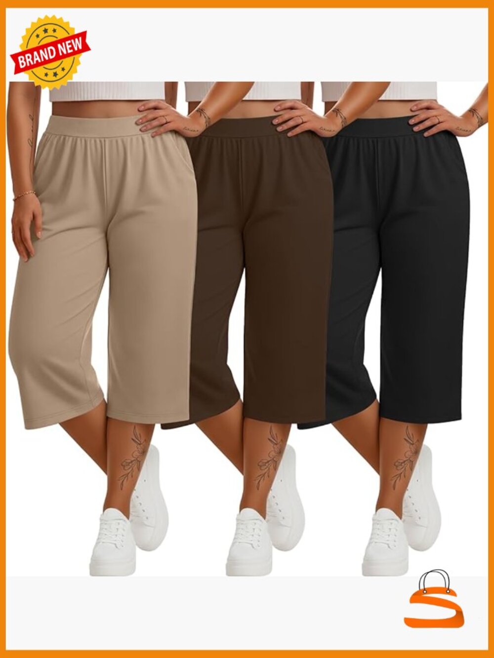 Plus Size Capri Pants 3-Pack Loose Fit Wide Leg Sweatpants High Waisted Yoga